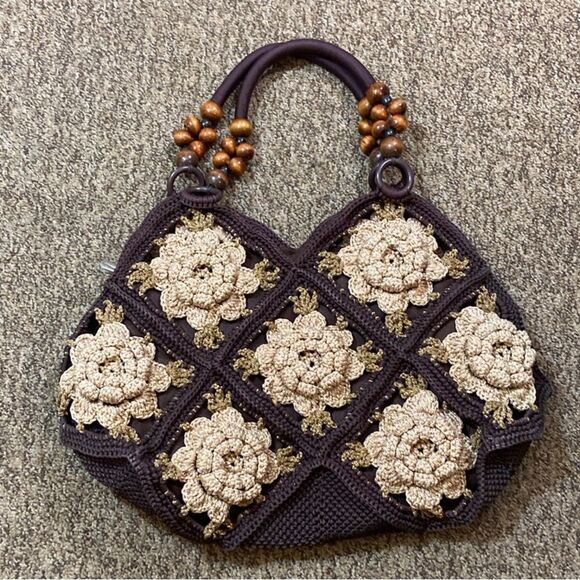 VTG, Crochet Style Retro Handmade Floral Handbag And Shoulder Bag Brown And Gold - Picture 2 of 16